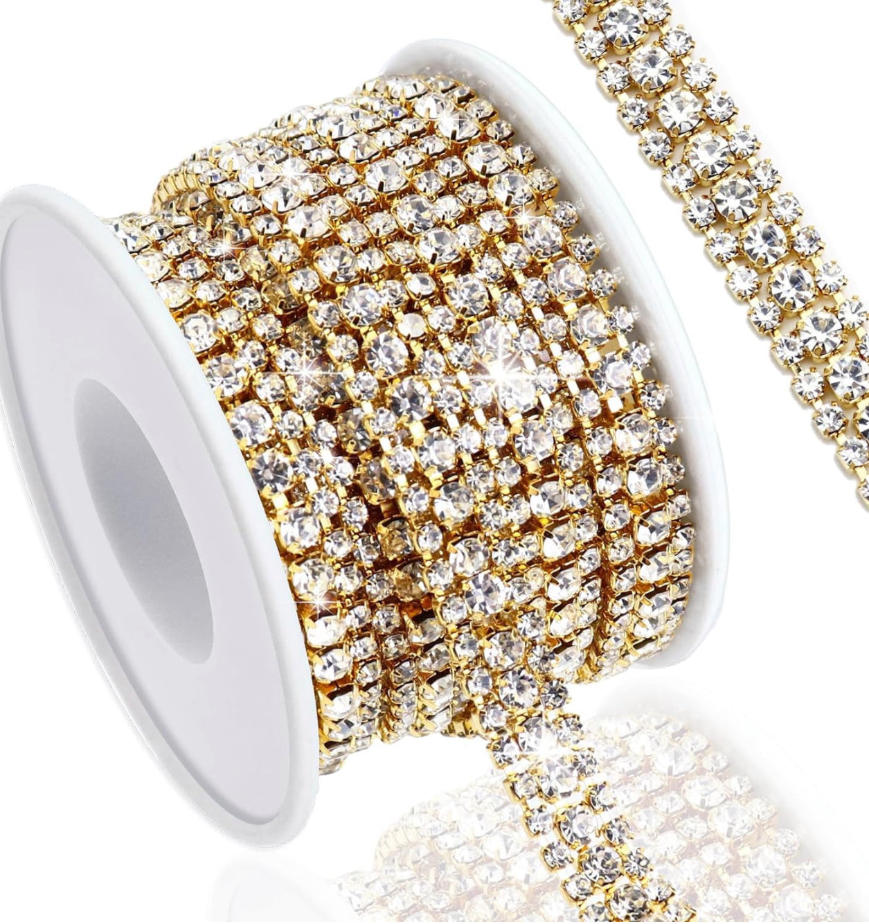 1 Roll 10 Yards Crystal Rhinestone Trim Close Cup Clear Chain with Gold Setting Base (SS12 3mm) /  (SS16 4mm)