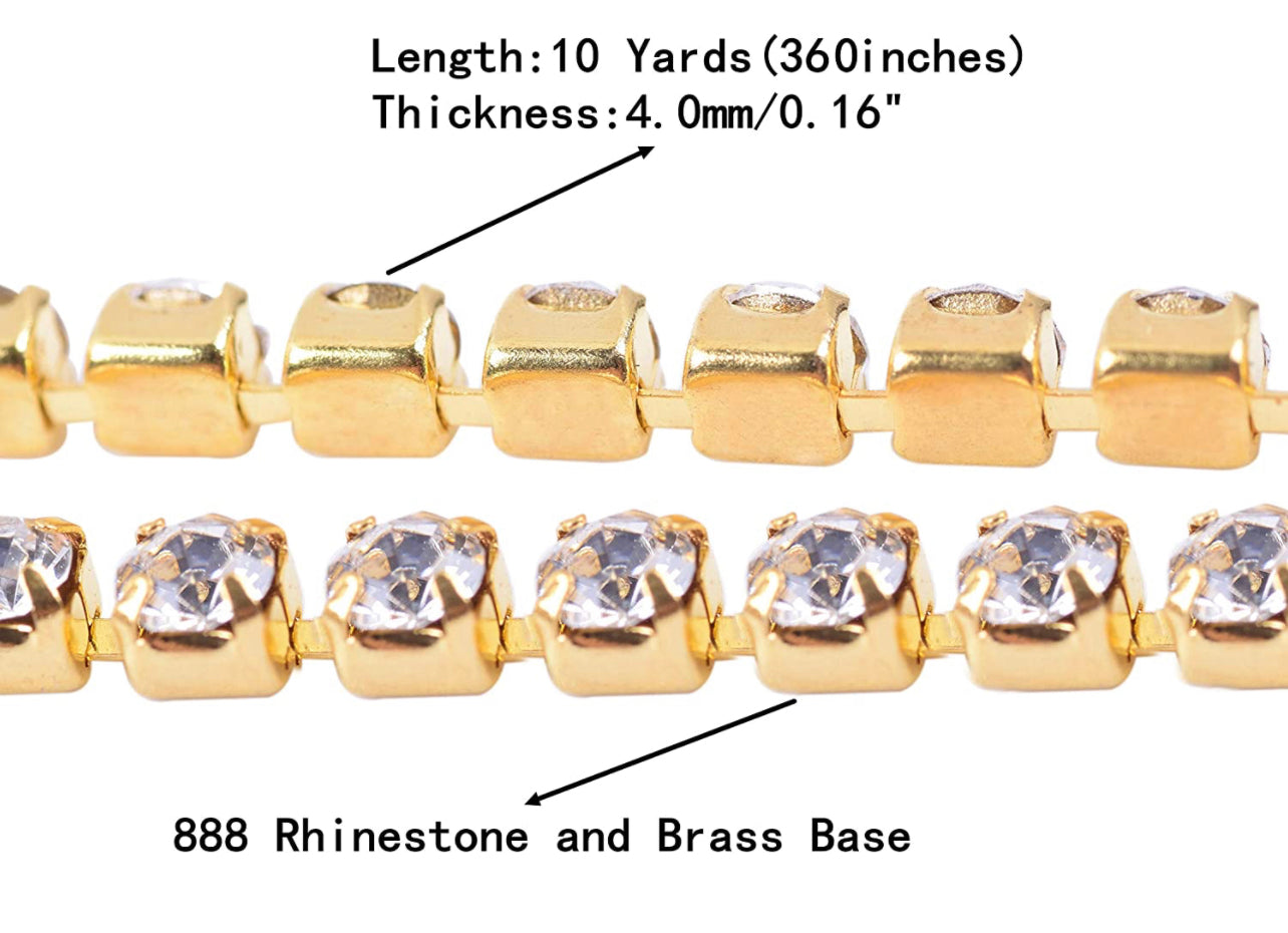 1 Roll 10 Yards Crystal Rhinestone Trim Close Cup Clear Chain with Gold Setting Base (SS12 3mm) /  (SS16 4mm)