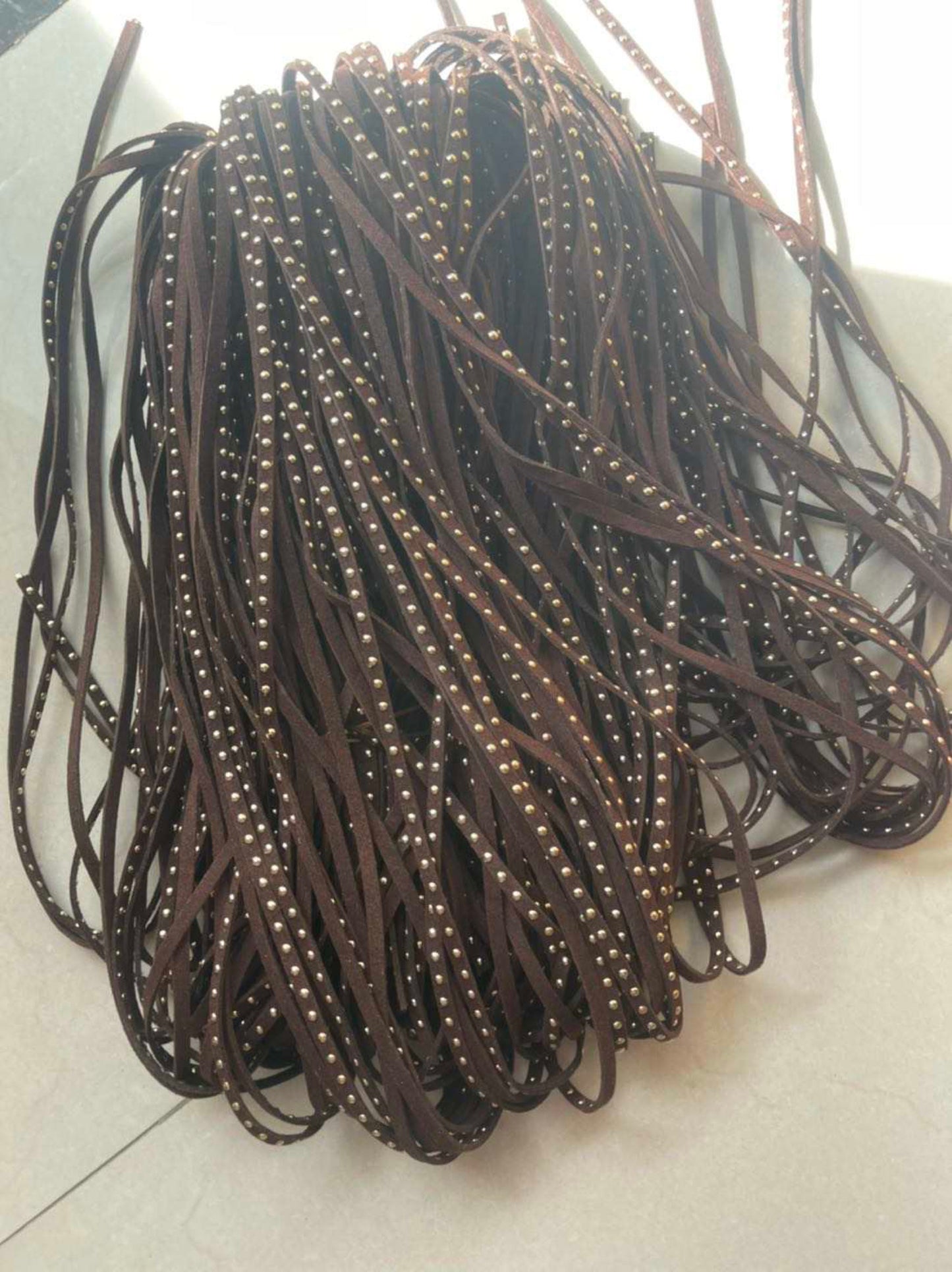 5mm Faux Suede with Gold Studs (Microfiber), sold by the yard / DIY Cord Supplies, Faux Suede Lace, Vegan Suede Cord