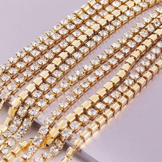 1 Roll 10 Yards Crystal Rhinestone Trim Close Cup Clear Chain with Gold Setting Base (SS12 3mm) /  (SS16 4mm)